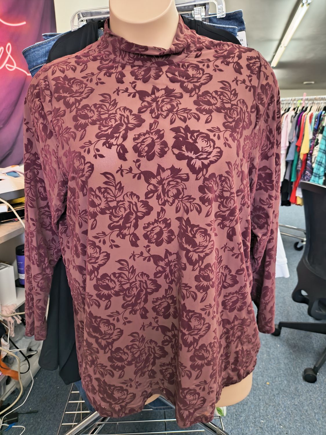 Size 3x Torrid sheer long sleeve maroon top with velvet flowers