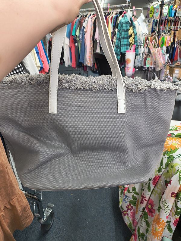 Neiman Marcus large gray bag with fringe