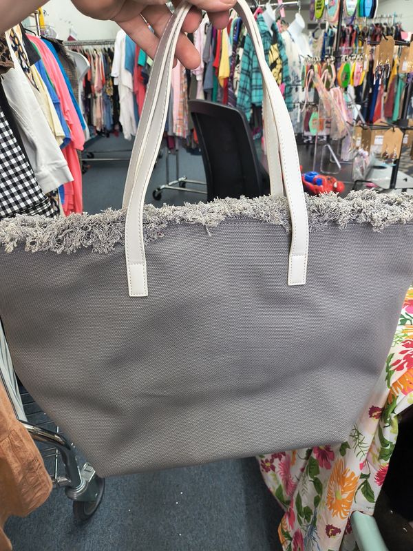Neiman Marcus large gray bag with fringe