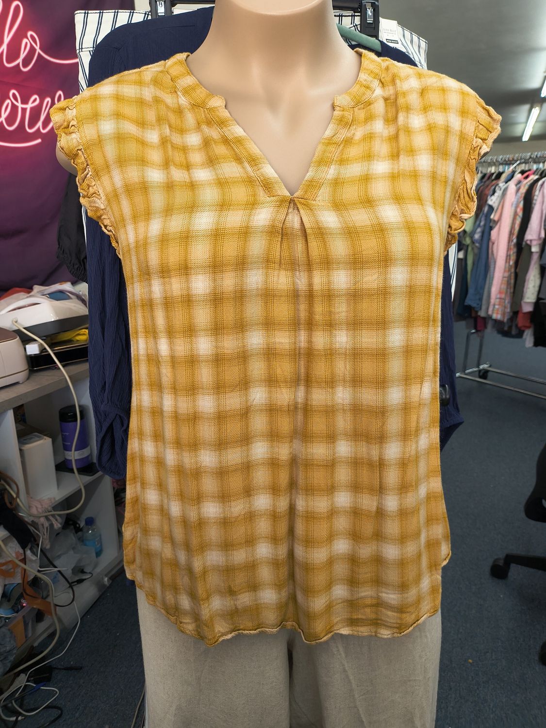 Size 3x Democracy yellow plaid top with ruffle sleeves runs small
