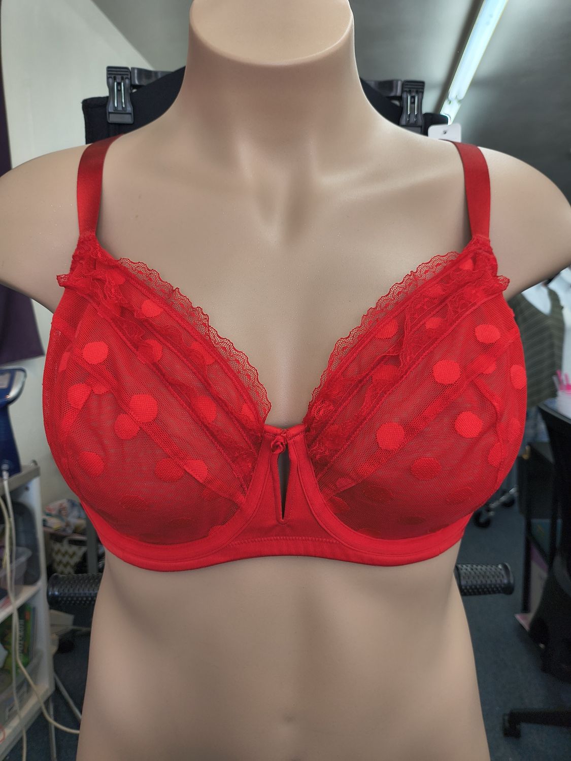42DD Cacique red lace polka dot unlined balconette underwire bra