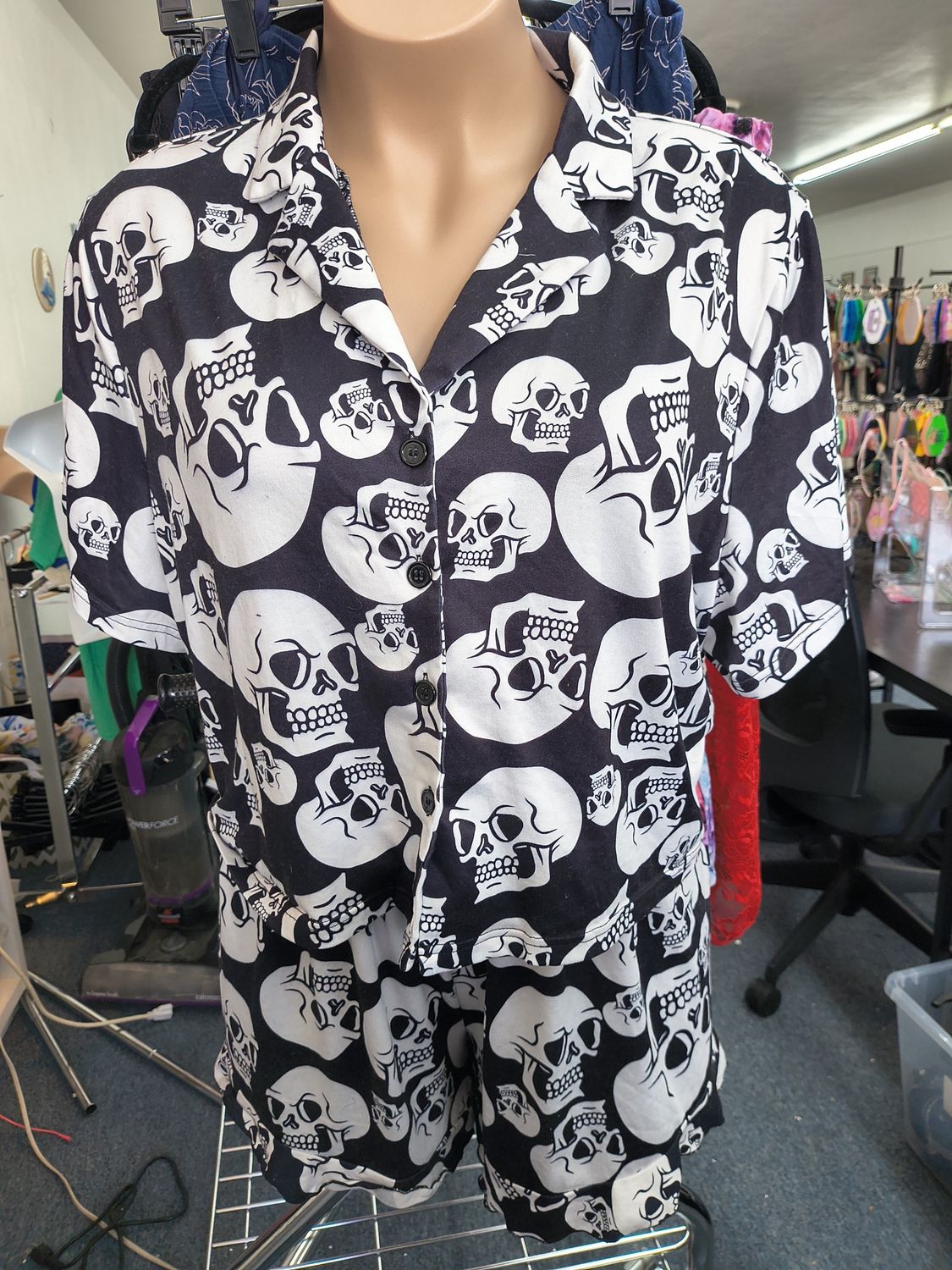3x Shein black and white skull pj set shorts top