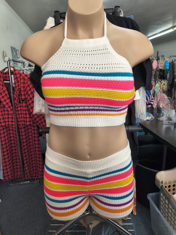 Size L 2 piece rainbow crochet outfit crop top and shorts