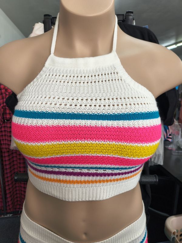 Size L 2 piece rainbow crochet outfit crop top and shorts