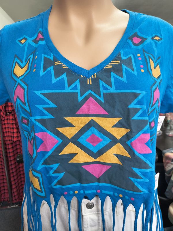 XL Festival long fringe cropped t-shirt aztec graphic