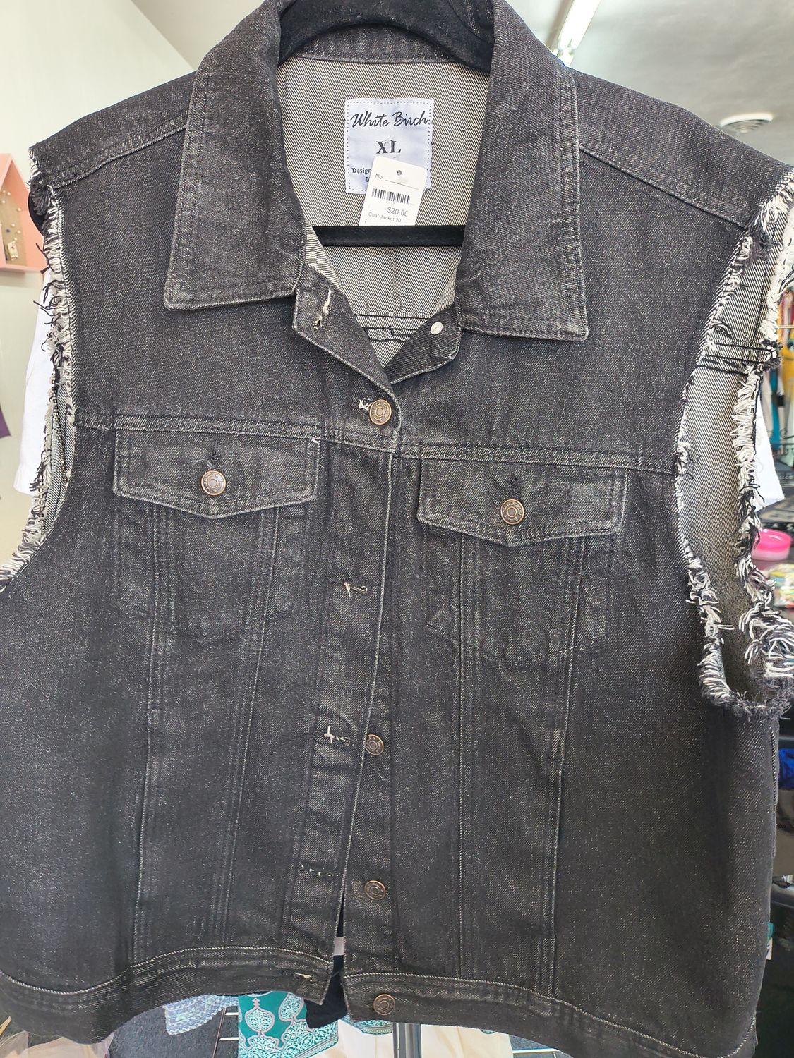 XL White Birch black denim oversized vest with sequin fringe