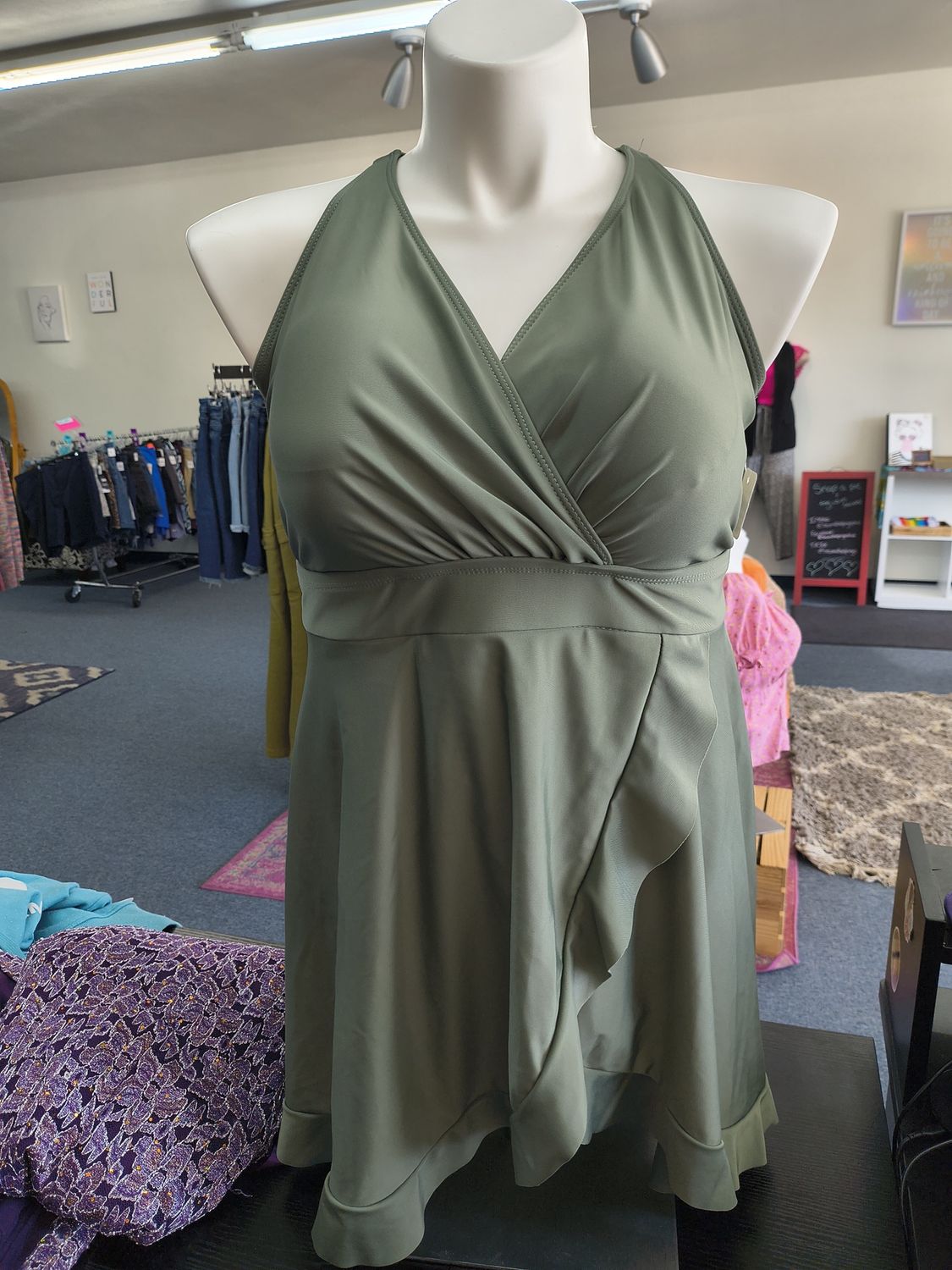 Size 2x green one piece ruffle front swimsuit