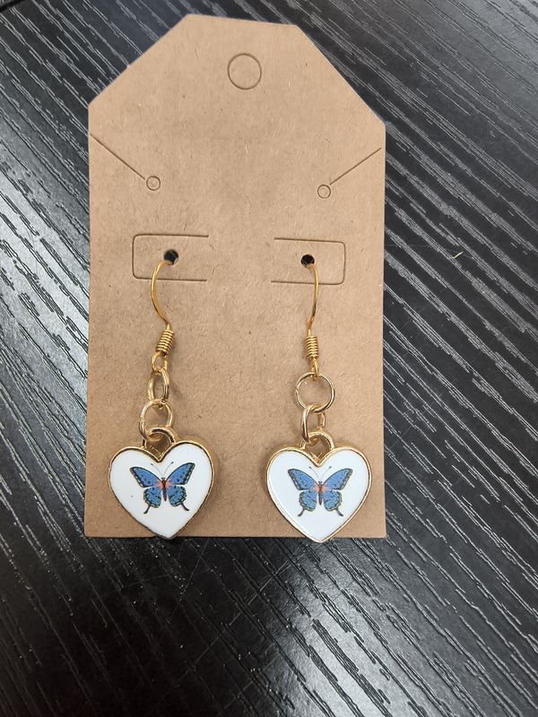 Handmade earrings gold metal heart shaped butterflies