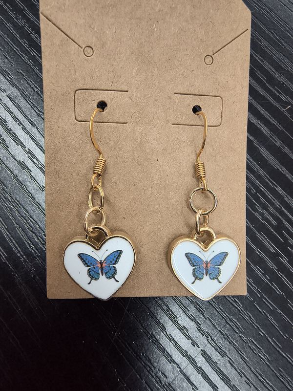 Handmade earrings gold metal heart shaped butterflies