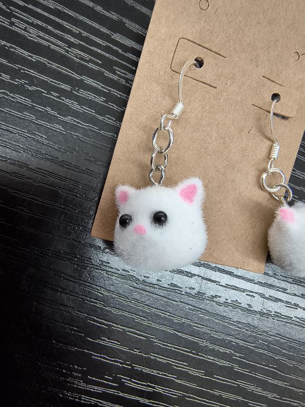 White cat head fuzzy handmade earrings