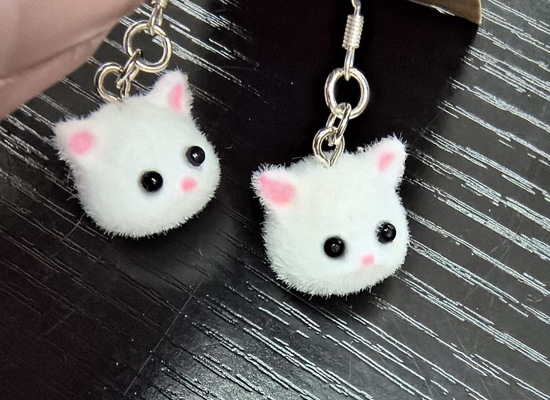 White cat head fuzzy handmade earrings