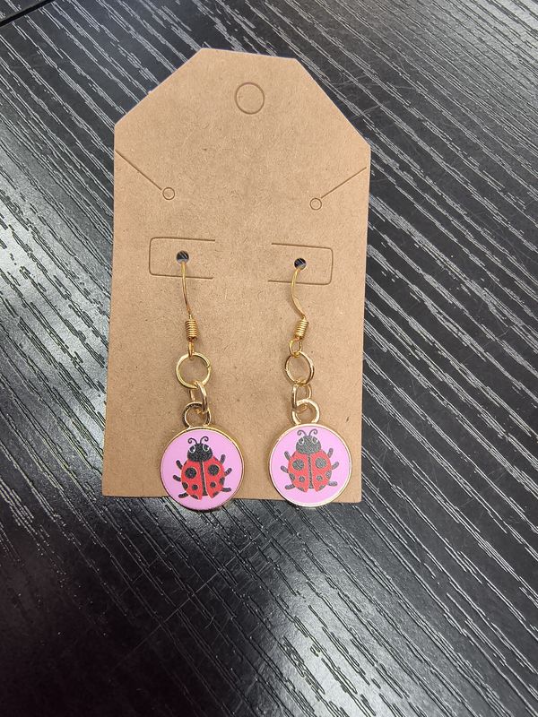 Ladybug circle gold metal handmade earrings