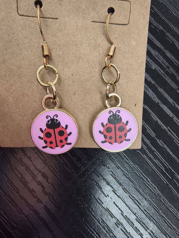 Ladybug circle gold metal handmade earrings