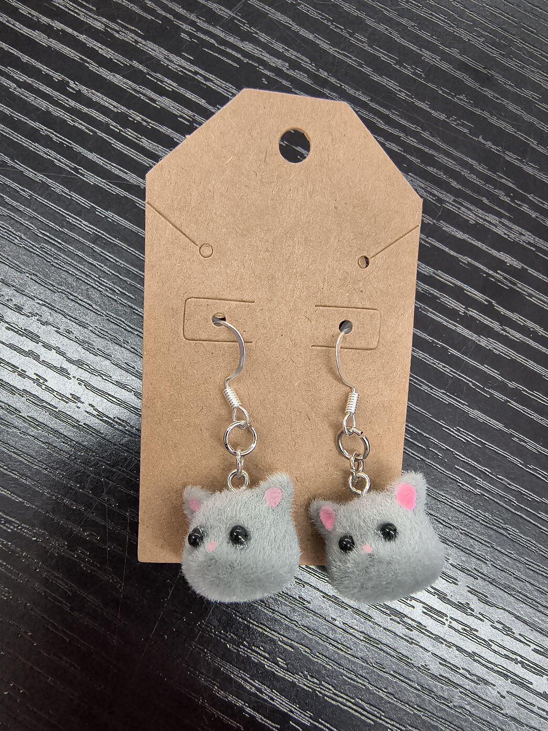 Gray fuzzy cat head handmade earrings