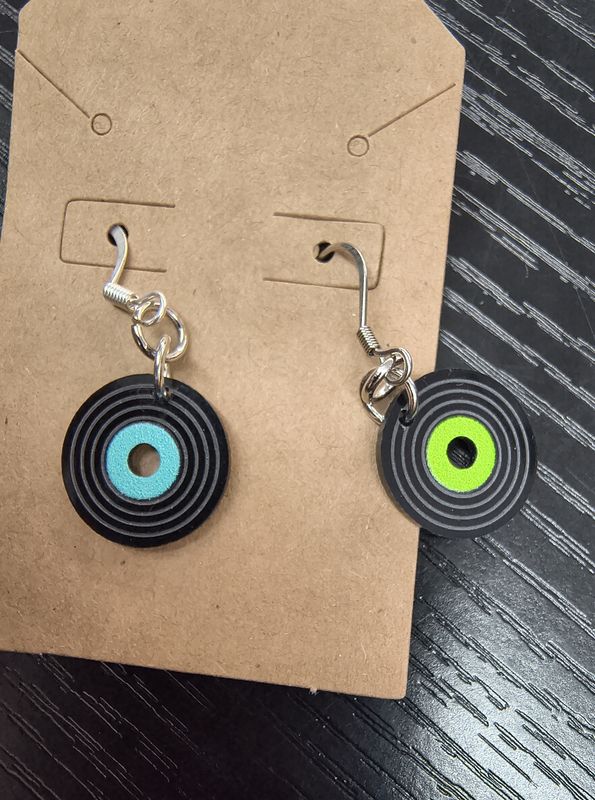Dainty green and blue record album handmade earrings