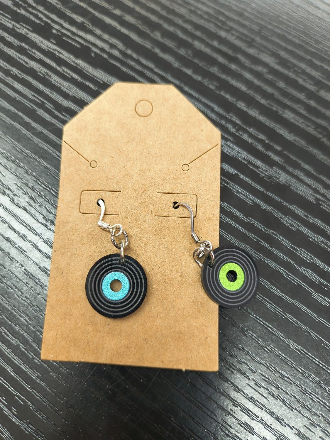 Dainty green and blue record album handmade earrings