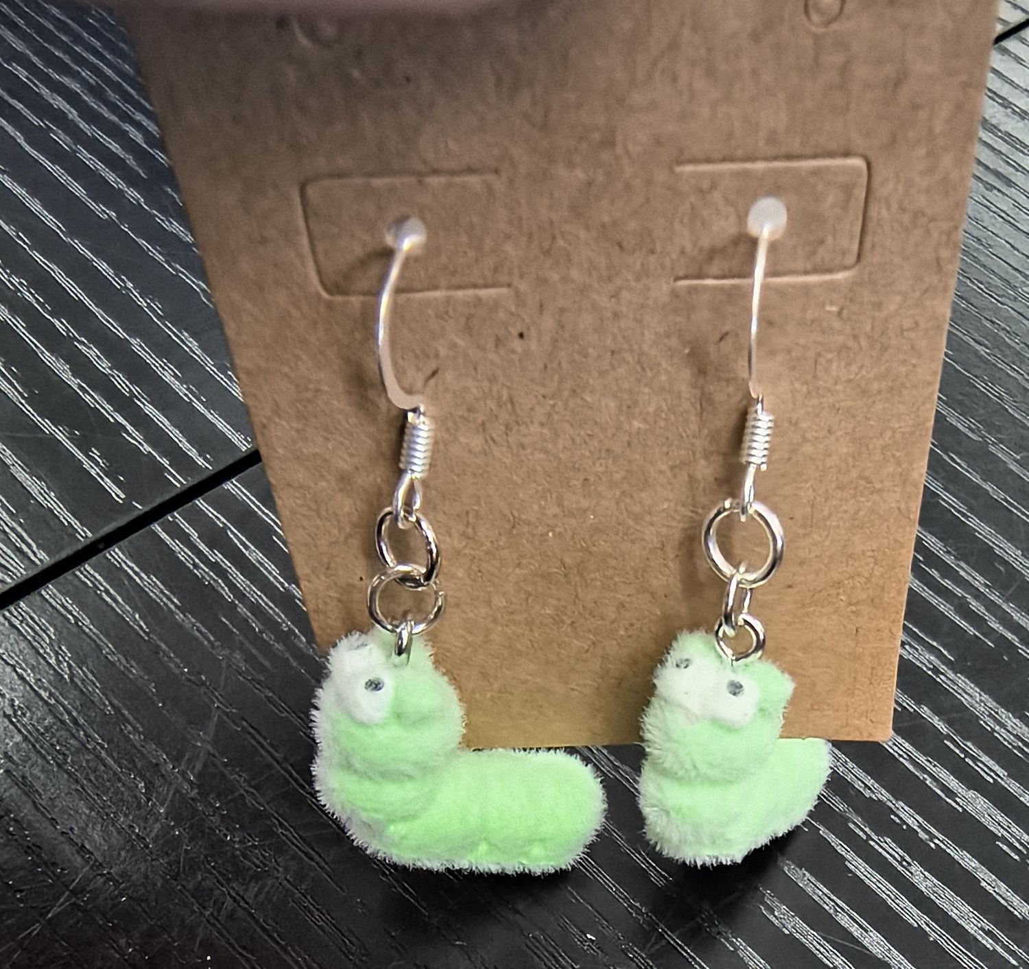 Fuzzy green caterpillar worm handmade earrings