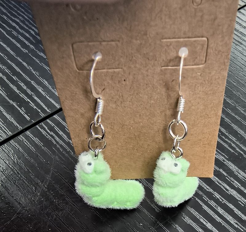 Fuzzy green caterpillar worm handmade earrings
