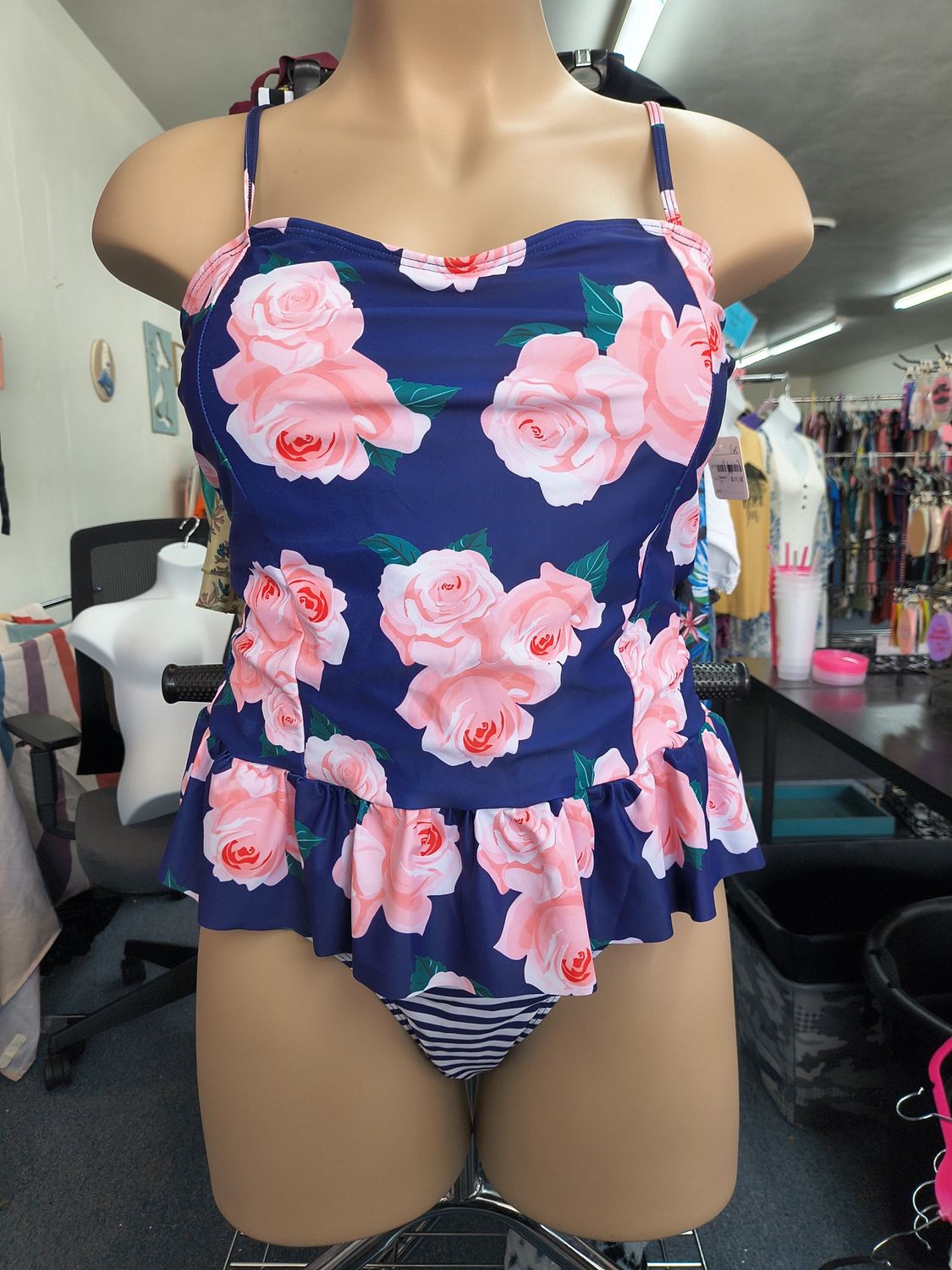 1x Rosegal NWT 2 piece swim suit stripes floral tankini