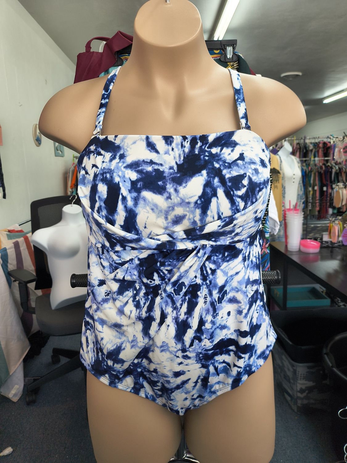 1x Evri blue and white tie dye one piece swimsuit cheeky