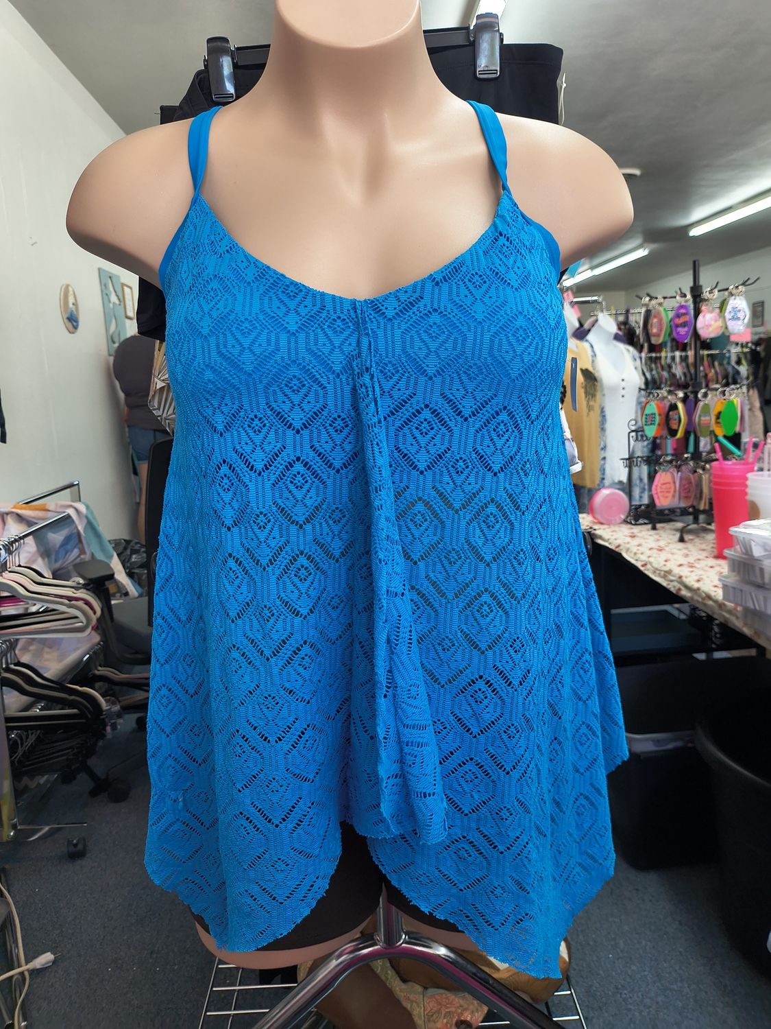 20w/2x Swimsuits For All blue eyelet tankini swim top