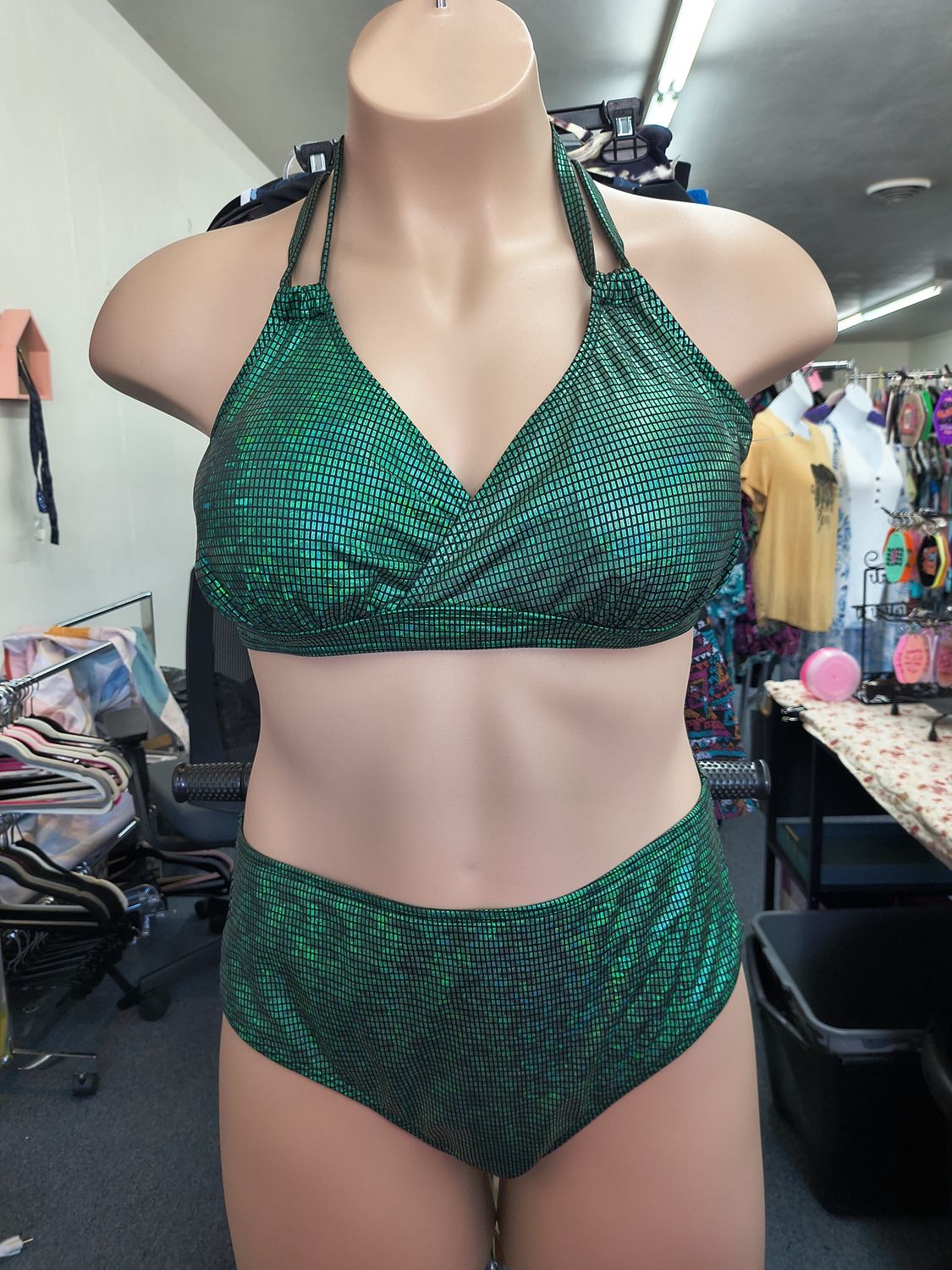 2x 2 piece green shiny checked bikini swimsuit