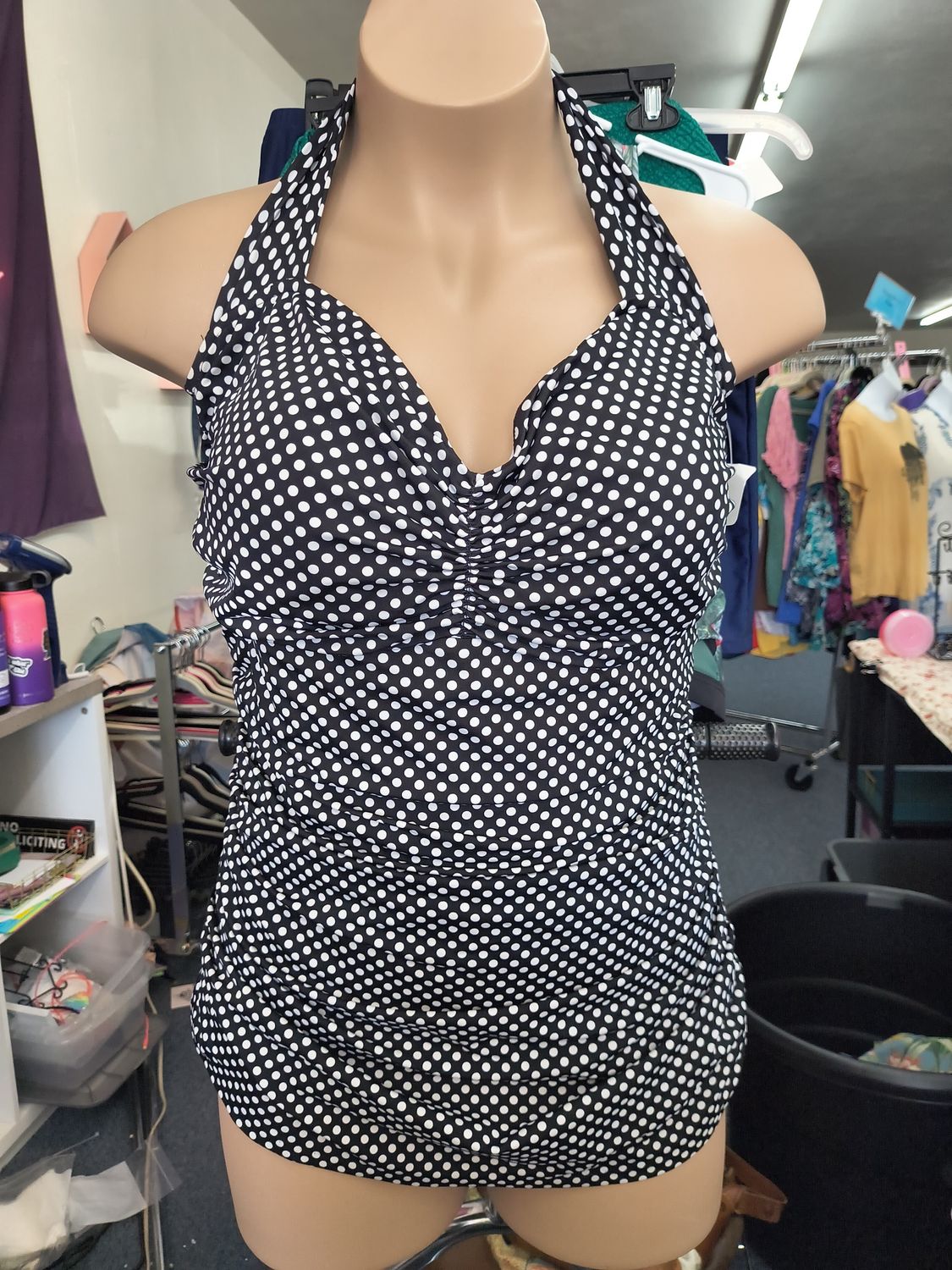 3x Catalina black white polka dot halter one piece swimsuit
