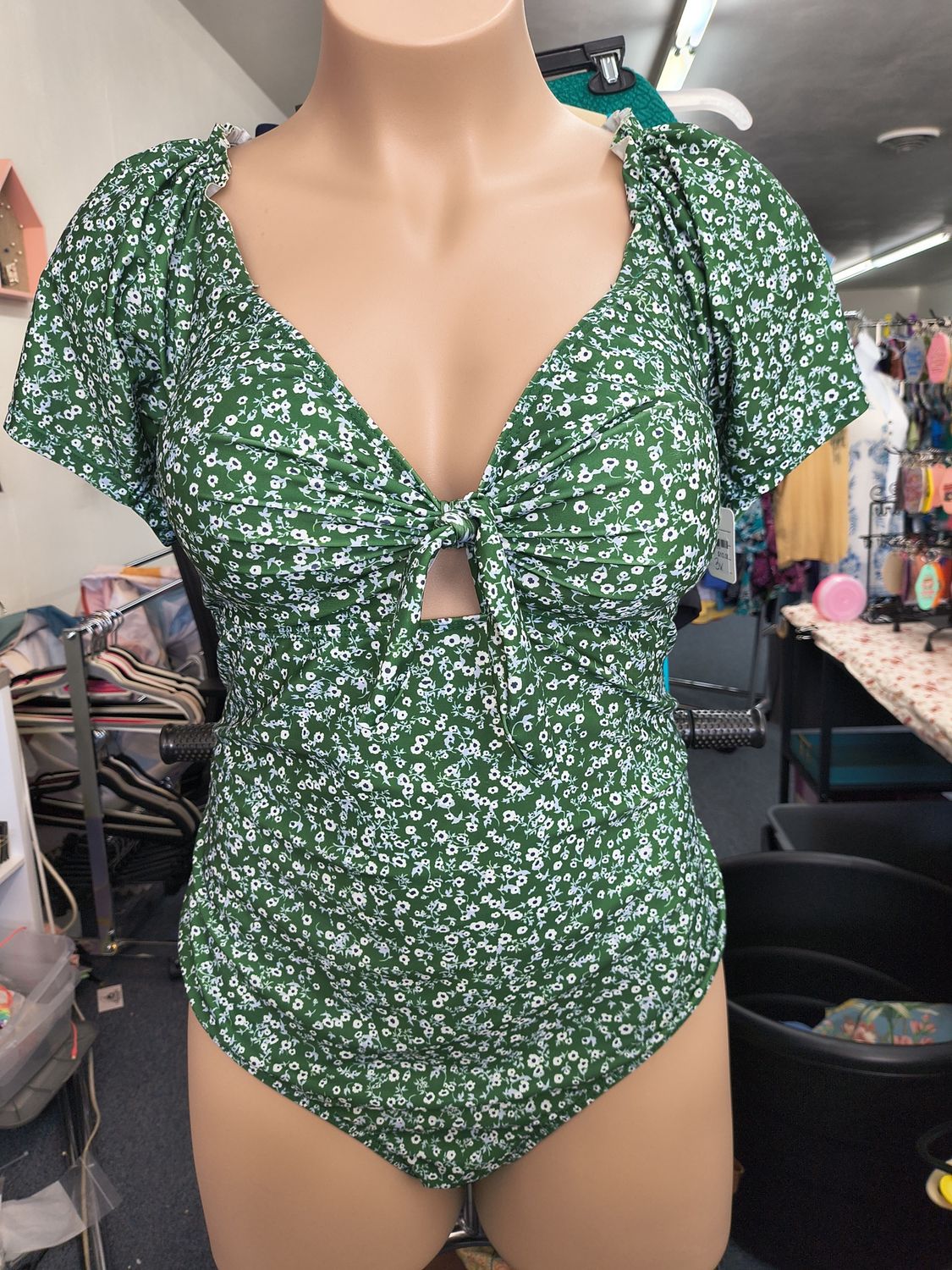 3x Green floral ruffle sleeve one piece swimsuit