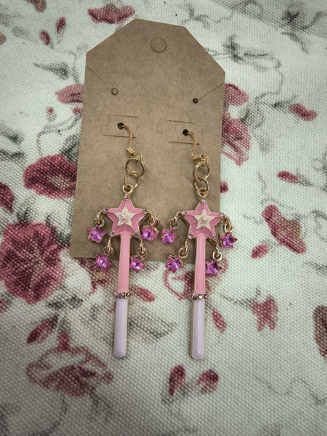 Pink magic fairy wand star handmade earrings