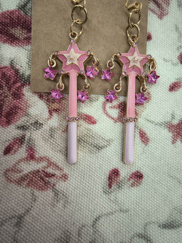Pink magic fairy wand star handmade earrings