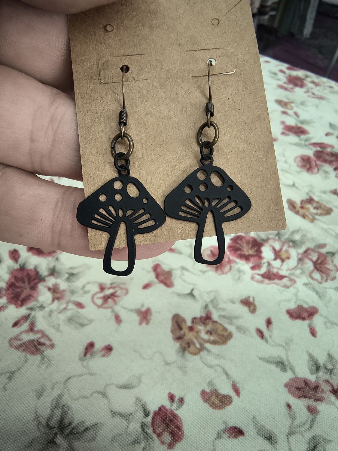 Lightweight black metal mushroom handmade earrings