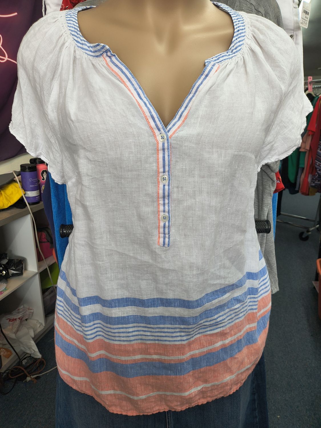 XL Talbots linen red white blue striped top 4th of July