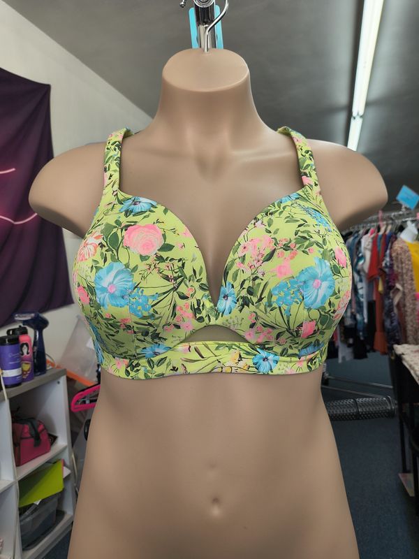 44C Cacique lightly lined plunge bra green floral bees