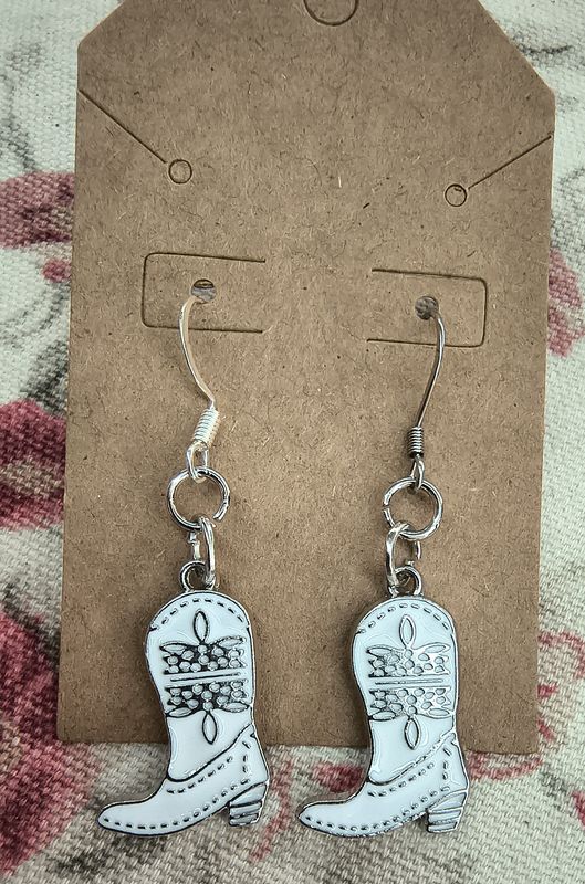 White Cowboy boots Western handmade metal earrings
