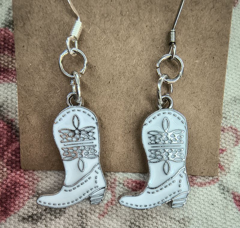White Cowboy boots Western handmade metal earrings