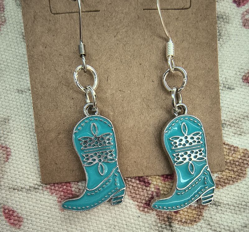 Blue cowboy boots Western metal handmade earrings
