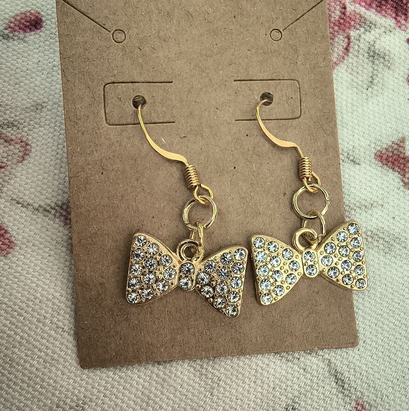 Girly gold rhinestone bow earrings handmade small