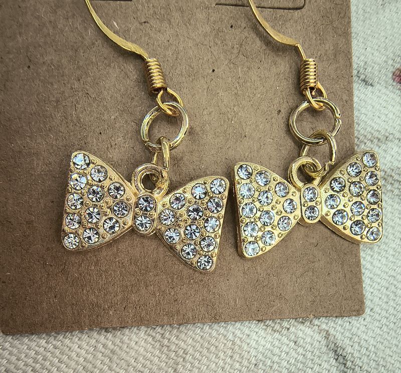 Girly gold rhinestone bow earrings handmade small