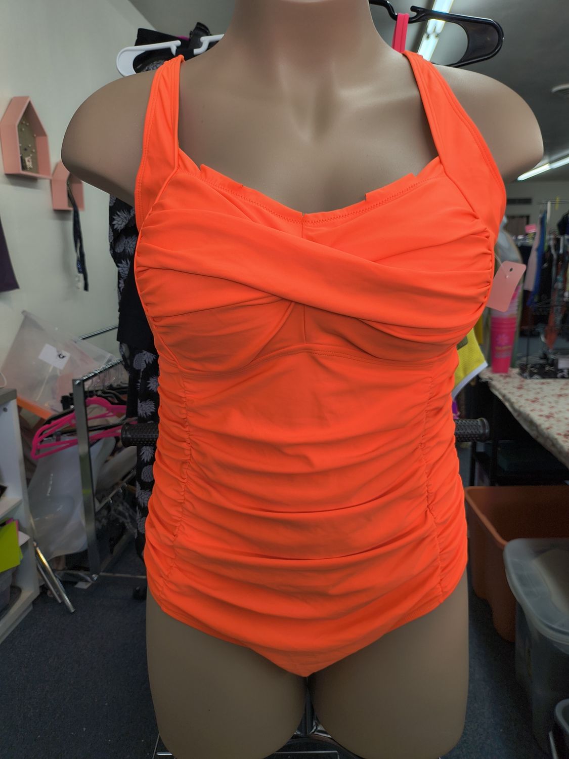 18W bright orange one piece swimsuit with ruching