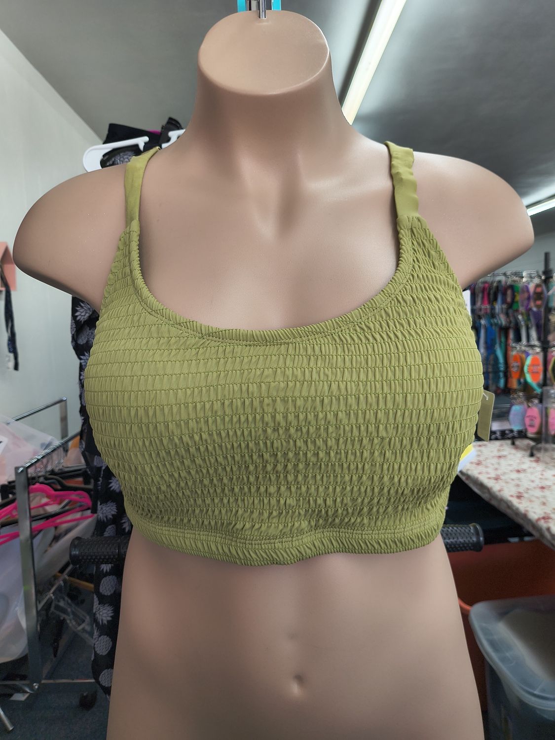 22W/3x green smocked bikini swimsuit top