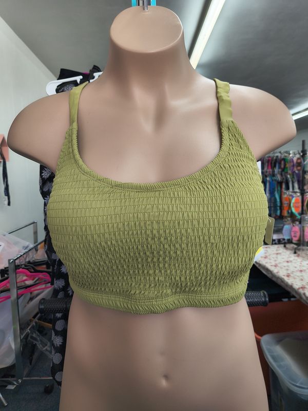 22W/3x green smocked bikini swimsuit top