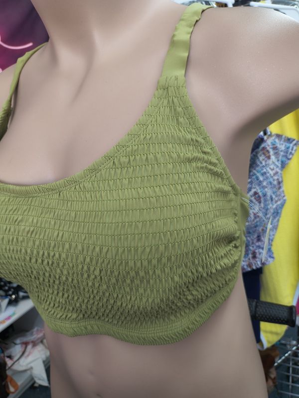 22W/3x green smocked bikini swimsuit top