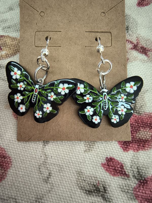 "Goth Moth" Black enamel moth butterfly floral earrings