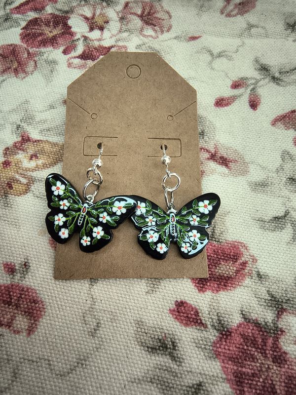 "Goth Moth" Black enamel moth butterfly floral earrings