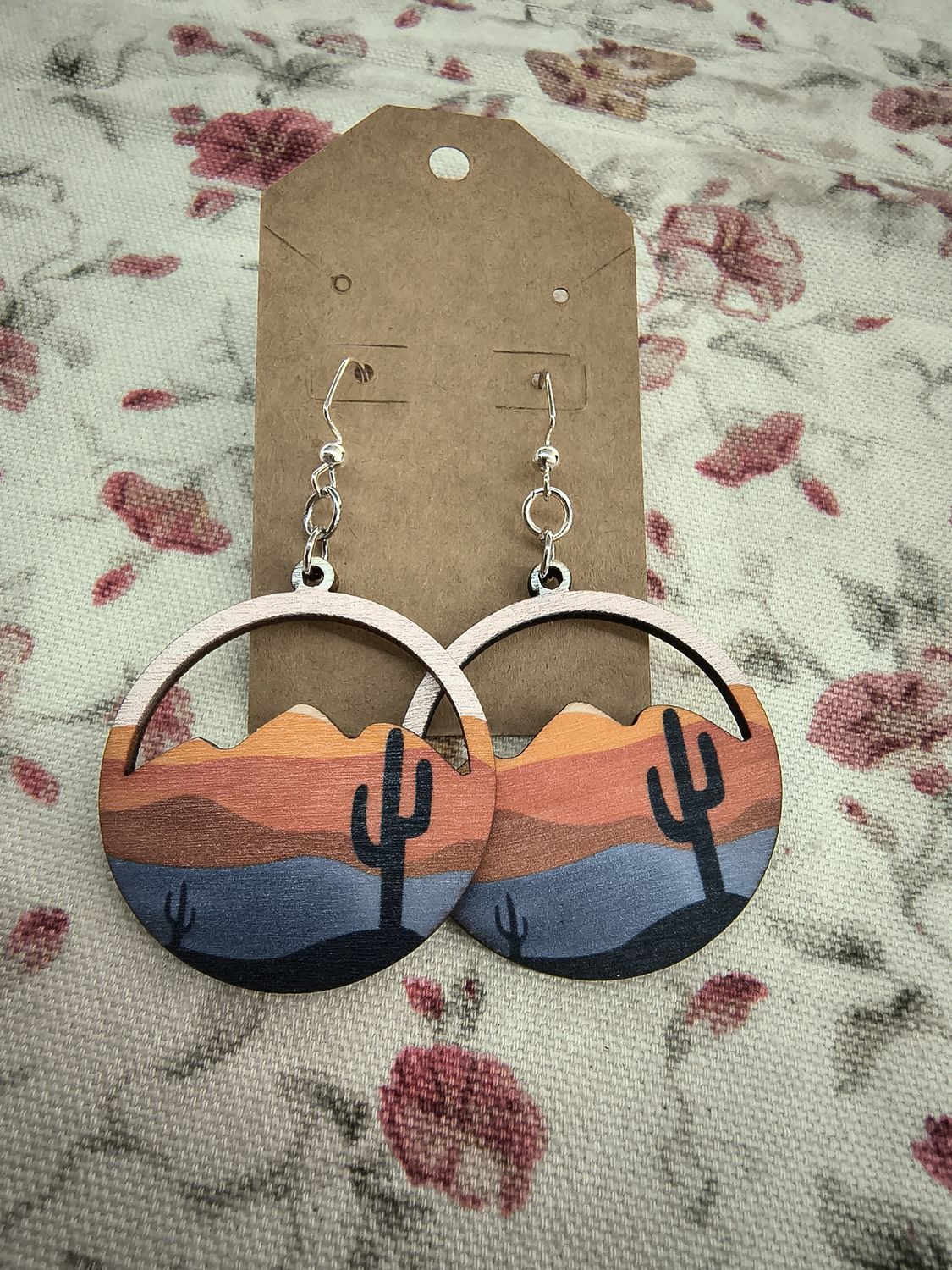 Sunset wooden western scene with cacti handmade earrings