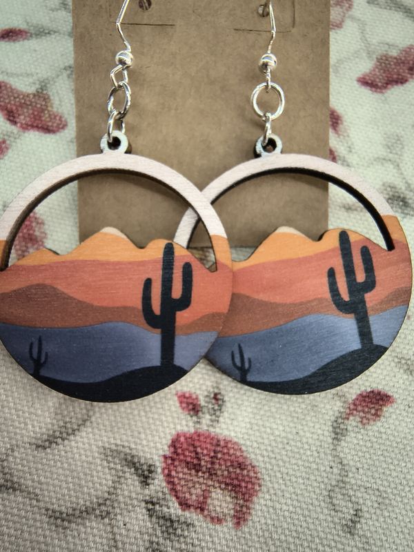 Sunset wooden western scene with cacti handmade earrings