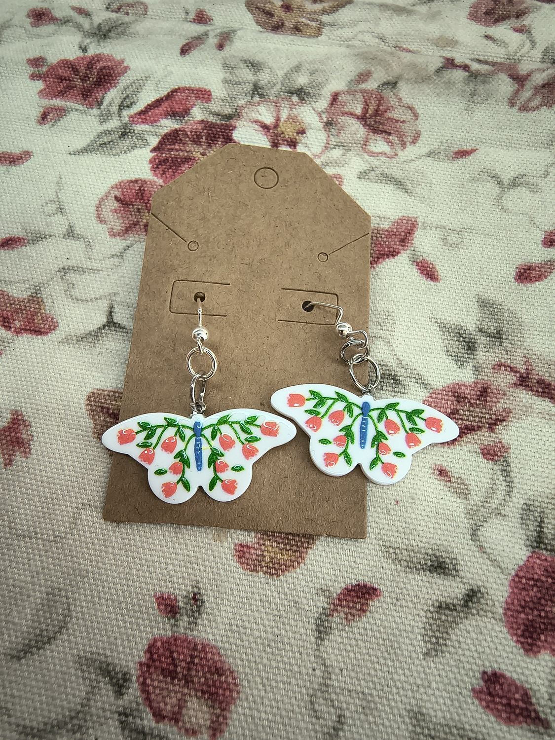White floral moth butterfly enamel handmade earrings