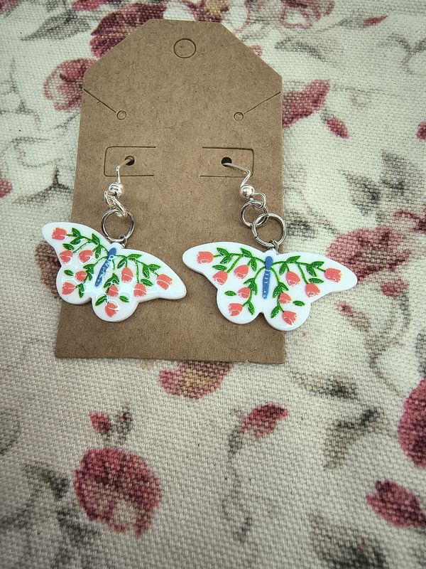 White floral moth butterfly enamel handmade earrings