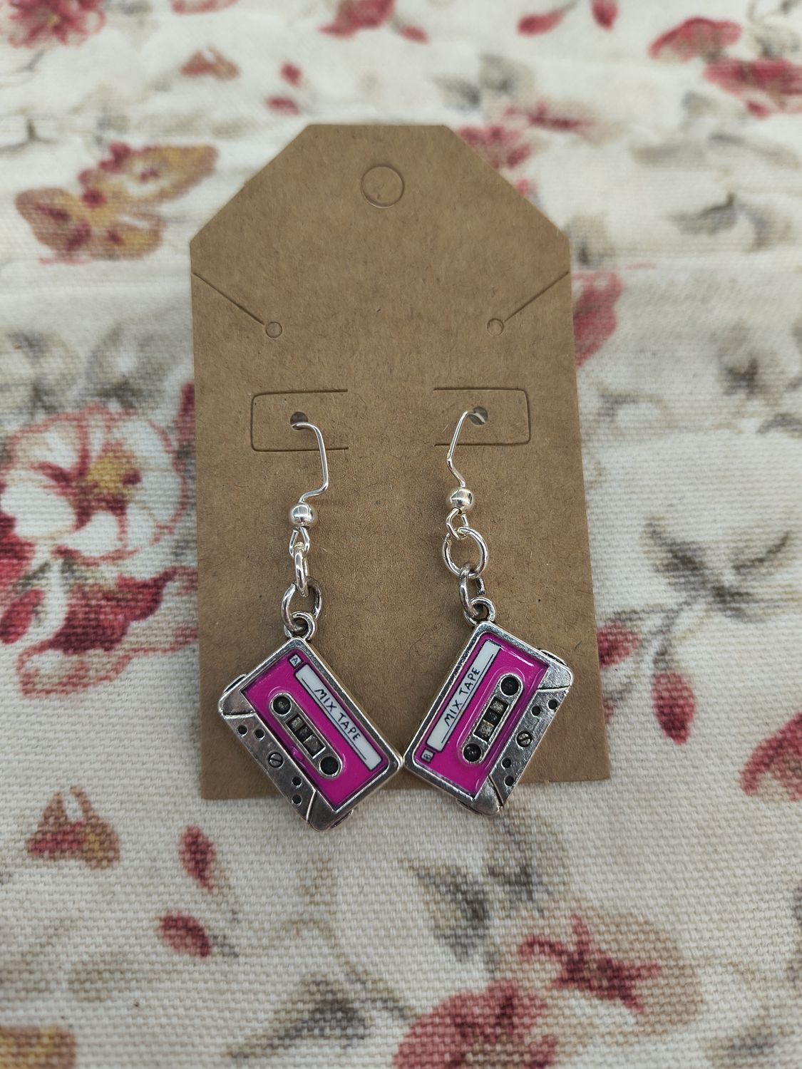 "Mix Tape" small pink cassette metal earrings