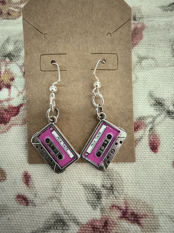 "Mix Tape" small pink cassette metal earrings